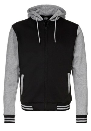 Black and gray zip-up hoodie with a drawstring hood, ribbed cuffs and hem, and two side pockets. Made from soft cotton blend fabric.
