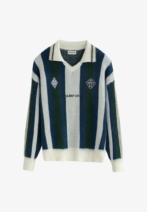 Pull en tricot à manches longues avec des rayures verticales bleues, vertes et blanches, col blanc et écussons indiquant "Paris 1947" et "Champion".