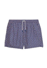 Niebieskie kąpielówki w wzory mają geometryczny design w jasnym różu, elastyczny pas i biały sznurek do ściągania.