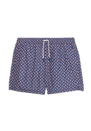 Los bañadores azules con estampado presentan un diseño geométrico en rosa claro, con una cintura elástica y un cordón blanco.