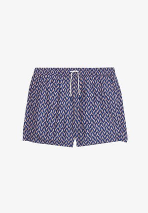 Blaue, gemusterte Badeshorts mit einem geometrischen Design in zartem Rosa, einem elastischen Bund und einer weißen Kordel.