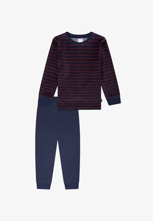 Haut de pyjama à manches longues rayé bleu marine et bordeaux avec des poignets à bord côte, assorti à un pantalon bleu marine uni à taille élastique. Tissu en coton doux.