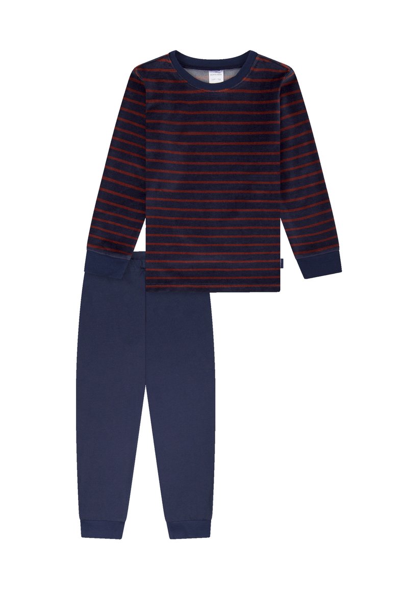 Marineblauwe en burgundy gestreepte lange mouwen pyjama top met ribgebreide manchetten, gecombineerd met effen marineblauwe broeken met elastische tailleband. Zachte katoen stof.