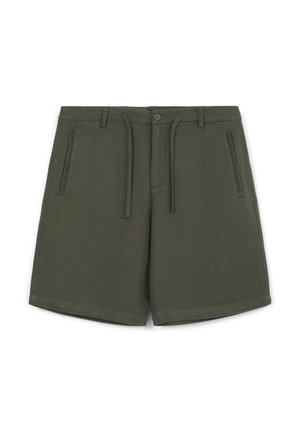 Grüne Shorts aus strukturiertem Gewebe mit einem Kordelzugbund, zwei frontalen Taschen und einem Knopfverschluss.