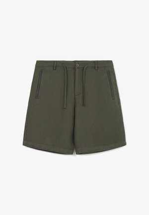 Grüne Shorts aus strukturiertem Gewebe mit einem Kordelzugbund, zwei frontalen Taschen und einem Knopfverschluss.