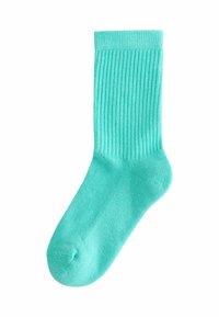 Hellblau gestreifte Socken aus weichem Stoff; verfügen über eine runde Zehenpartie und einen umgeschlagenen Bund, der für einen bequemen Sitz sorgt.