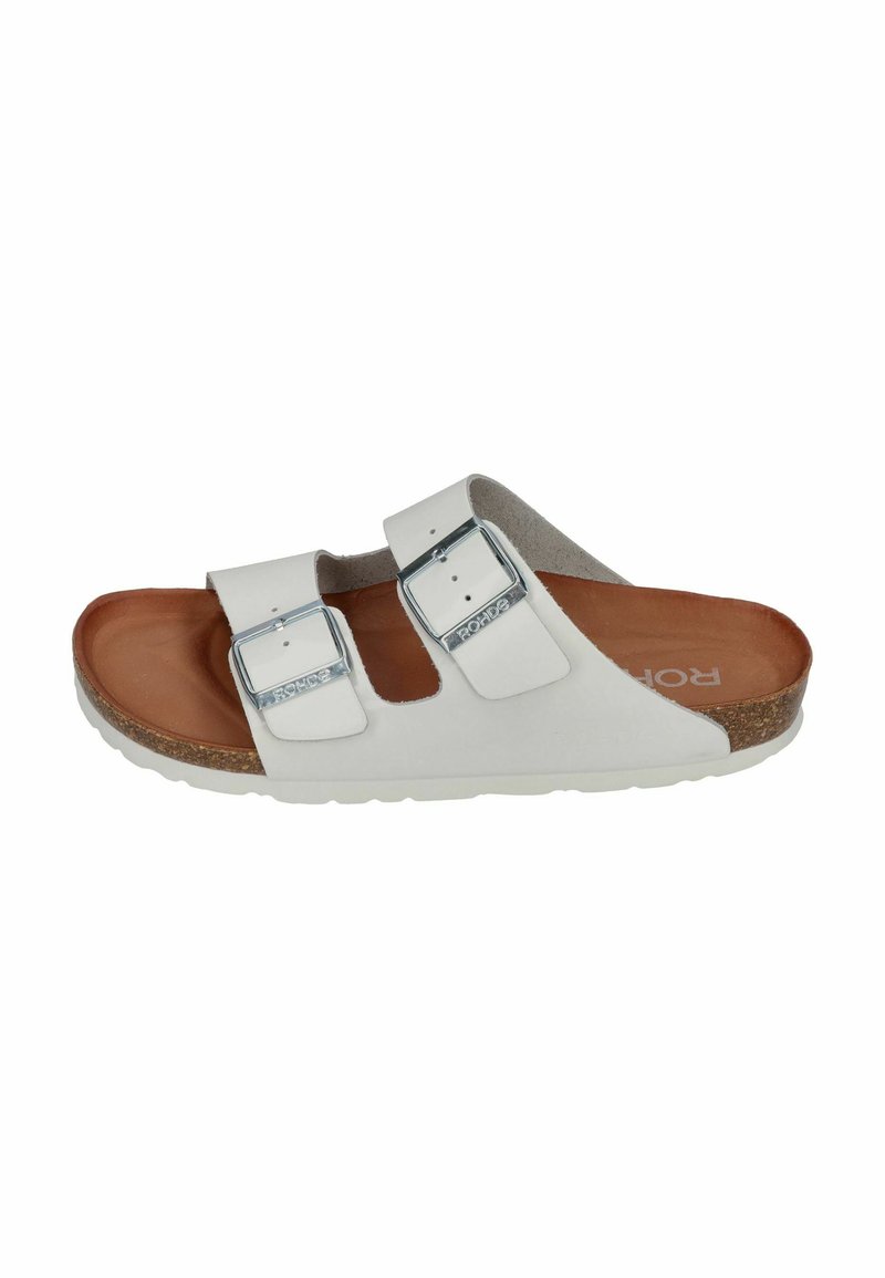 White slide sandal with two adjustable straps, silver buckles, cork midsole, and textured rubber outsole. Brown footbed with embossed logo.