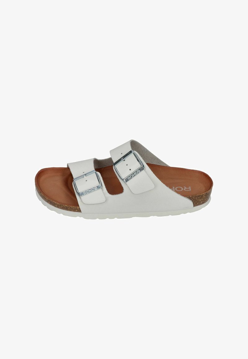 White slide sandal with two adjustable straps, silver buckles, cork midsole, and textured rubber outsole. Brown footbed with embossed logo.
