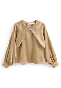 Beige satin blouse with a round neckline, long puffed sleeves, and an overlapping front design. Smooth texture and slightly loose fit.
