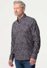 Lange mouwen overhemd met knopen in donkergrijs met een wit bloemenpatroon, voorzien van roze knopen en een klassieke kraag. Gemaakt van een gladde stof.