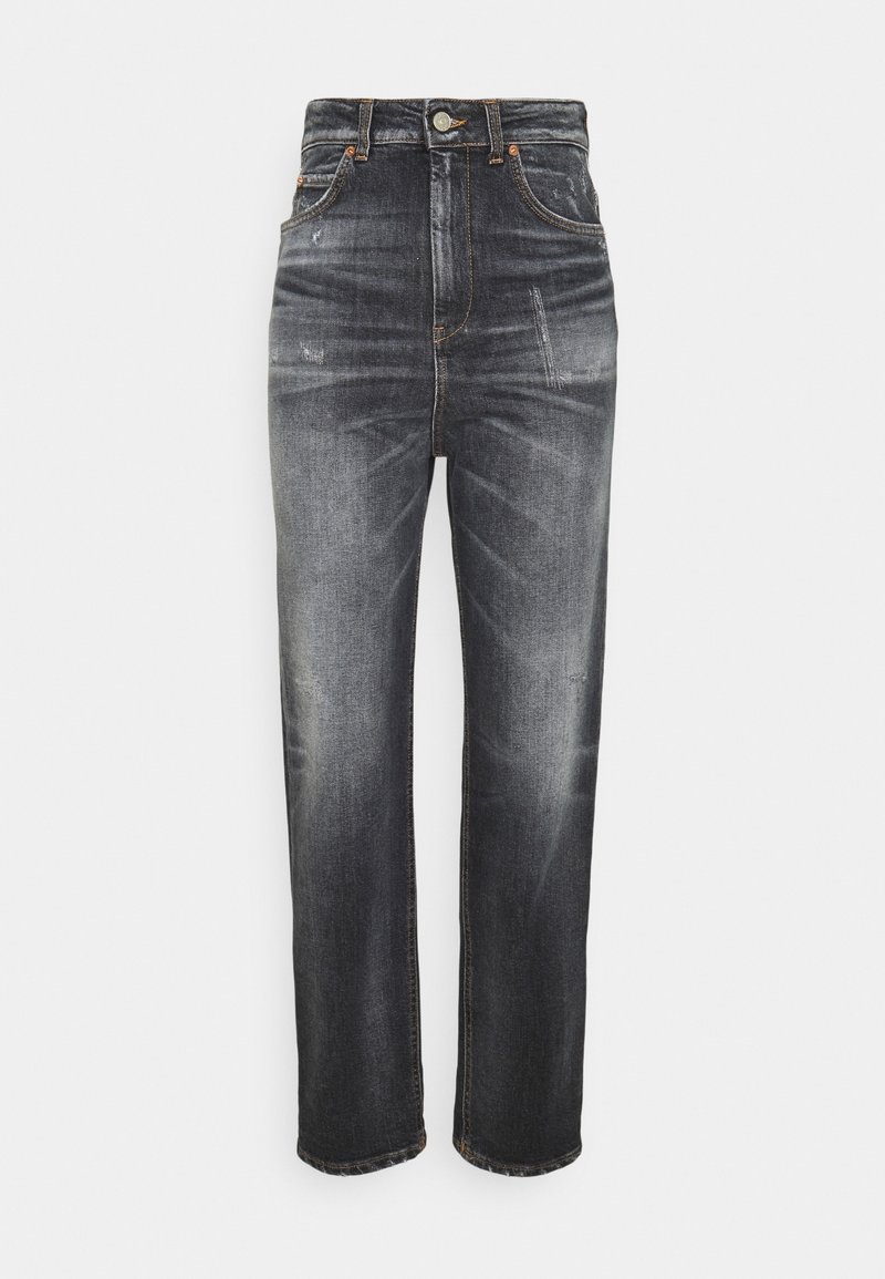 Vaqueros de mezclilla negros de talle alto con un diseño de pierna recta, acabado desgastado, sutil desgaste en las zonas de flexión y el clásico estilo de cinco bolsillos.