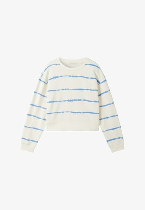 Sweatshirt court de couleur crème avec des rayures tie-dye bleues, doté de manches longues et d'un col rond. Confectionné dans un tissu doux et texturé.