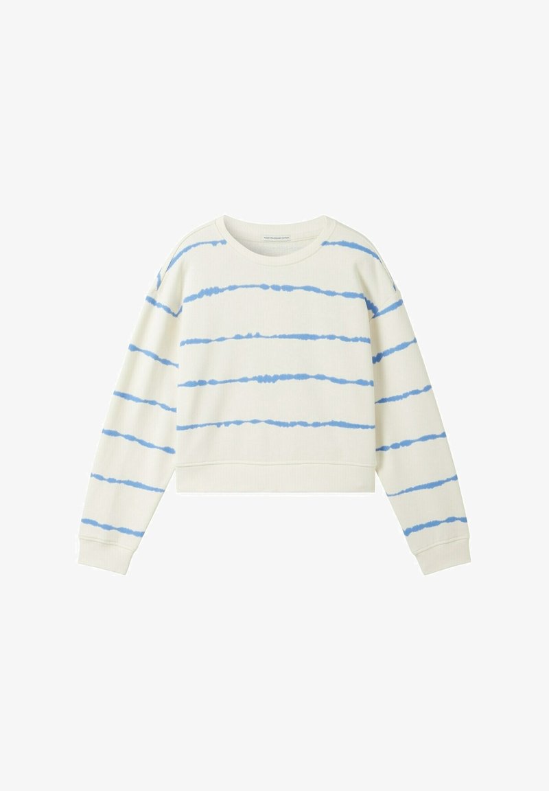 Sweatshirt court de couleur crème avec des rayures tie-dye bleues, doté de manches longues et d'un col rond. Confectionné dans un tissu doux et texturé.