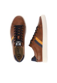 Brown leather sneakers with blue and orange accents, featuring a textured surface, black laces, and a white rubber sole.