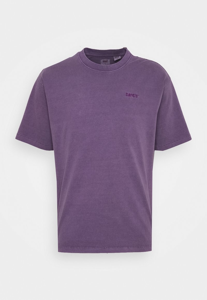 Purple cotton t-shirt with a crew neck, short sleeves, and a small embroidered logo on the chest. Smooth texture, casual fit.