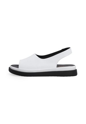 White open-toe sandals with a slingback design, made of smooth synthetic material, featuring a black sole and minimalistic profile.