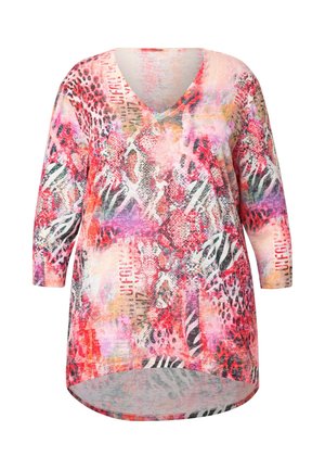 Tunica multicolore con scollo a V, caratterizzata da una combinazione di motivi rosa, rossi, viola e stampa animale, con un orlo asimmetrico. Tessuto morbido.