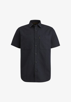 Košeľa s krátkym rukávom v tmavomodrej farbe má textúrovaný vzor, zapínanie na gombíky, dve náprsné vrecká a klasický golier.