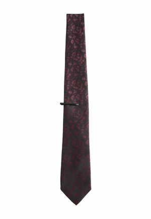 Burgundy silk tie with a tonal floral pattern, featuring a pointed tip and a black tie clip for secure fastening. Textured finish.