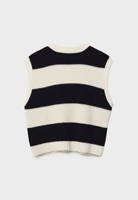 Pull en tricot sans manches rayé en bleu marine et crème, avec de larges rayures horizontales et un col côtelé en tissu texturé.