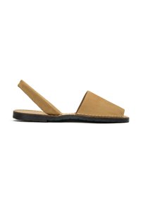 Tan leather slingback sandal with a flat black sole, open toe design, and angled upper straps. Simple stitching detail along the edges.