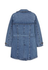Denim jacket, medium blue, mid-length with a belted waist, pointed collar, long sleeves, and buttoned cuffs. Back has vertical seam detailing.