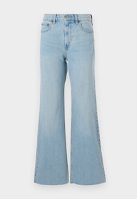 Light blue denim flared jeans with a high waist, featuring a classic button and zipper closure, and slight fading throughout the fabric.