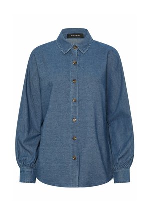 Chemise bleue à manches longues boutonnée, col pointu, poignets froncés et sept boutons marron sur le devant, étiquetée "Pixie Girl."