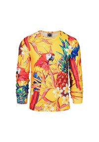 Maglietta a maniche lunghe con una base gialla brillante e una vivace stampa tropicale di pappagalli, fiori e ananas in vari colori.
