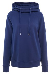 Felpa blu navy realizzata in tessuto morbido. Presenta un cappuccio alto a doppio strato con lacci e polsini e orlo a coste.