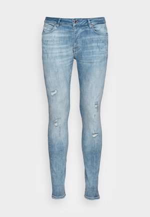 Lichtblauwe denim jeans met een slim fit, met een verouderd ontwerp, lichte scheuren en een klassiek vijf-pocket ontwerp.