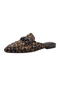 Leopard print slip-on mules with a pointed toe, fabric upper, black chain accent, and flat sole. Texture appears soft and smooth.