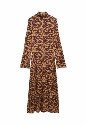 Langärmeliges Kleid mit Leopardenmuster, mit Stehkragen, aus weichem Stoff in Braun- und Senftönen.
