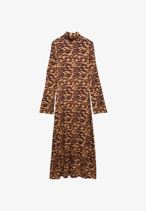 Langärmeliges Kleid mit Leopardenmuster, mit Stehkragen, aus weichem Stoff in Braun- und Senftönen.