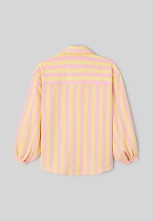 Vue arrière d'une chemise à manches longues avec des rayures verticales et horizontales roses et jaunes, des poignets froncés et un col sur fond gris.