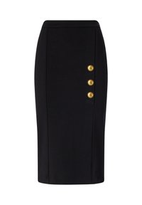 Gonna a matita nera in tessuto liscio, con taglio dritto, spacchi laterali e tre bottoni dorati sul lato sinistro.
