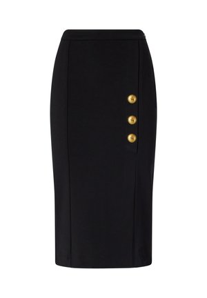 Gonna a matita nera in tessuto liscio, con taglio dritto, spacchi laterali e tre bottoni dorati sul lato sinistro.