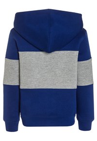 Hoodie rayé bleu et gris, avec une texture douce, des manches longues et une capuche ; de larges rayures grises horizontales au niveau du buste.