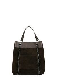 Bruine suede tote bag met leren accenten, kettinghandvaten en een voorkeepocket. Heeft een gladde textuur met een contrasterend bovenpaneel.
