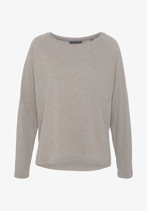 Light gray long-sleeve shirt with a wide neckline, raglan sleeves, and a soft texture. Simple design, no visible patterns or hardware.