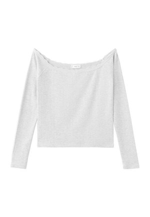 Haut gris à manches longues, à épaules dénudées, en tissu côtelé. Coupe droite avec une encolure large et une étiquette minimaliste au niveau du col.