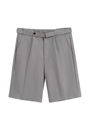Shorts gris en tissu léger, dotés d'un devant plat, de deux poches latérales, d'une taille avec passants de ceinture et d'une fermeture à un bouton.