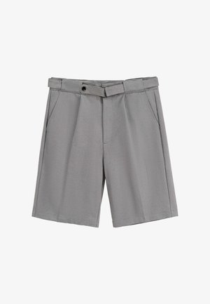 Shorts gris en tissu léger, dotés d'un devant plat, de deux poches latérales, d'une taille avec passants de ceinture et d'une fermeture à un bouton.
