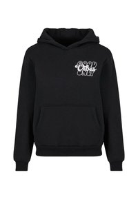 Black hoodie made of soft fabric, featuring a front pocket, ribbed cuffs and hem, and white printed text saying "Good Vibes Only."