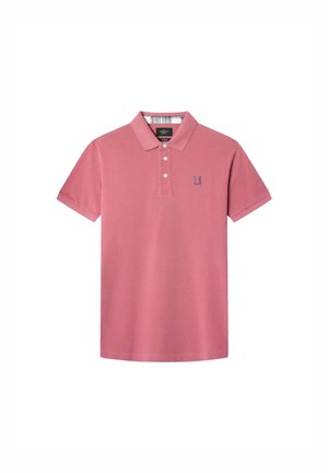 Lyserød polo skjorte lavet af bomuld, med en tre-knap lukning, korte ærmer og et lille broderet logo i blå på brystet.