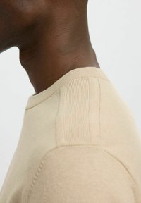 Šviesiai rudas megztinis su raukinėta apykakle ir tekstūruotais pečių akcentais, pabrėžiantis lygią medžiagą ir prigludusį dizainą.