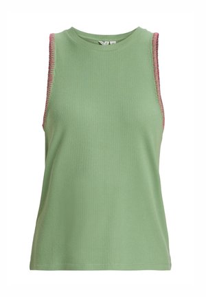 Débardeur côtelé vert sans manches avec bordure rose le long des emmanchures et un col rond.