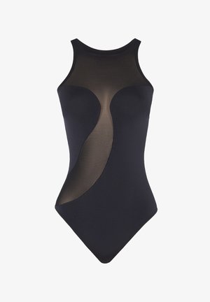 Costume da bagno nero con un collo alto, design elegante e un taglio unico in un tessuto trasparente lungo il torso. Texture morbida.