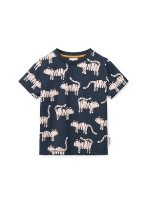 Marineblå kortærmet t-shirt til småbørn med lyserød tegneserie-tigerprint over det hele.