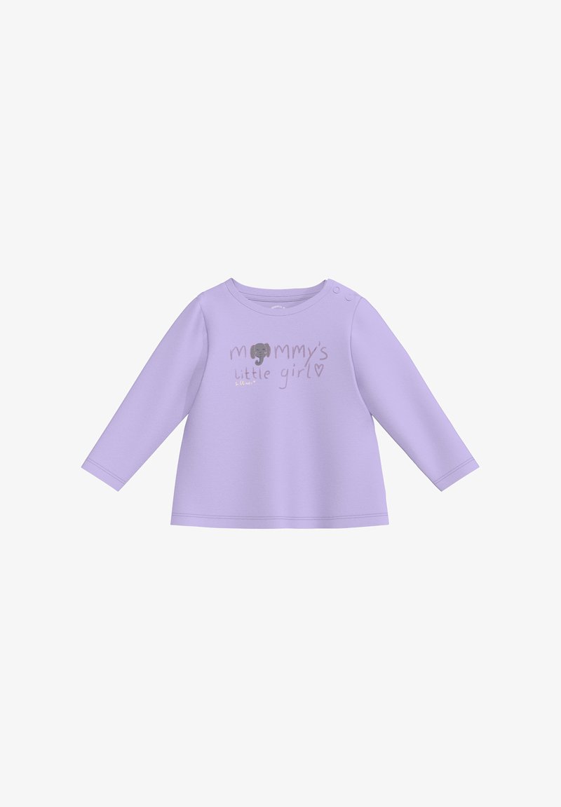 Lila Langarmoberteil mit rundem Ausschnitt, mit dem Text "Mamas kleines Mädchen" und einer Elefant-Grafik, sowie Knopfdetails an der Schulter.